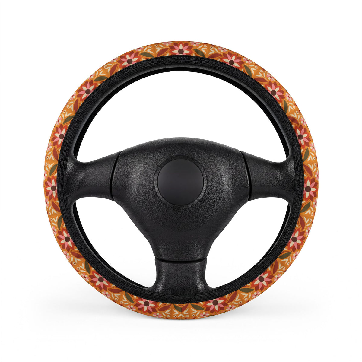 Boho orange floral steering wheel cover, on a steering wheel
