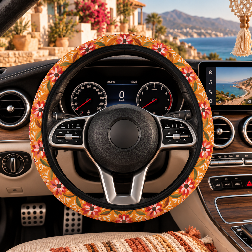 Boho orange floral steering wheel cover shown in a car interior