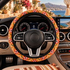 Boho orange floral steering wheel cover shown in a car interior