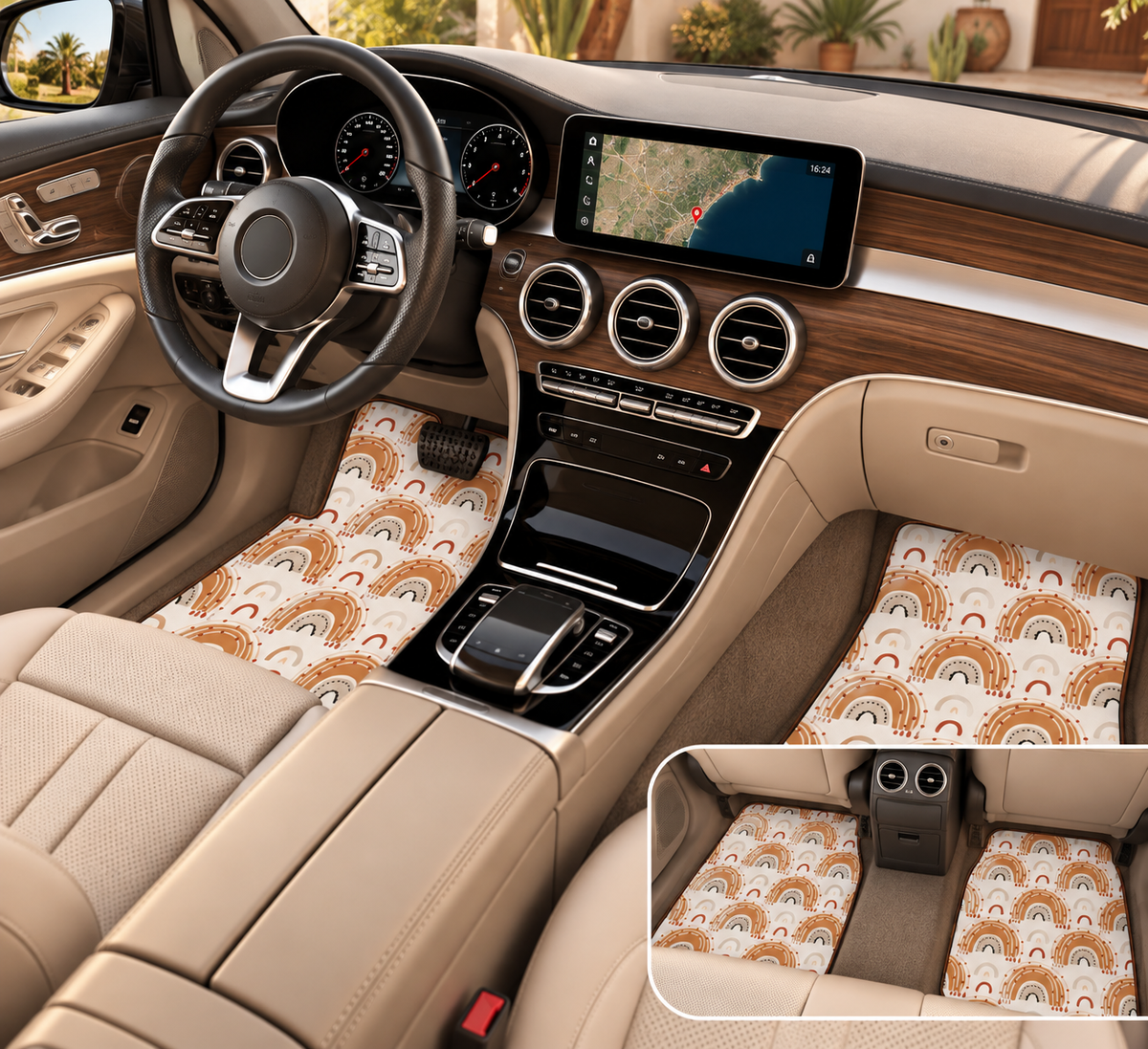 Boho rainbow arch car mats shown in a car interior