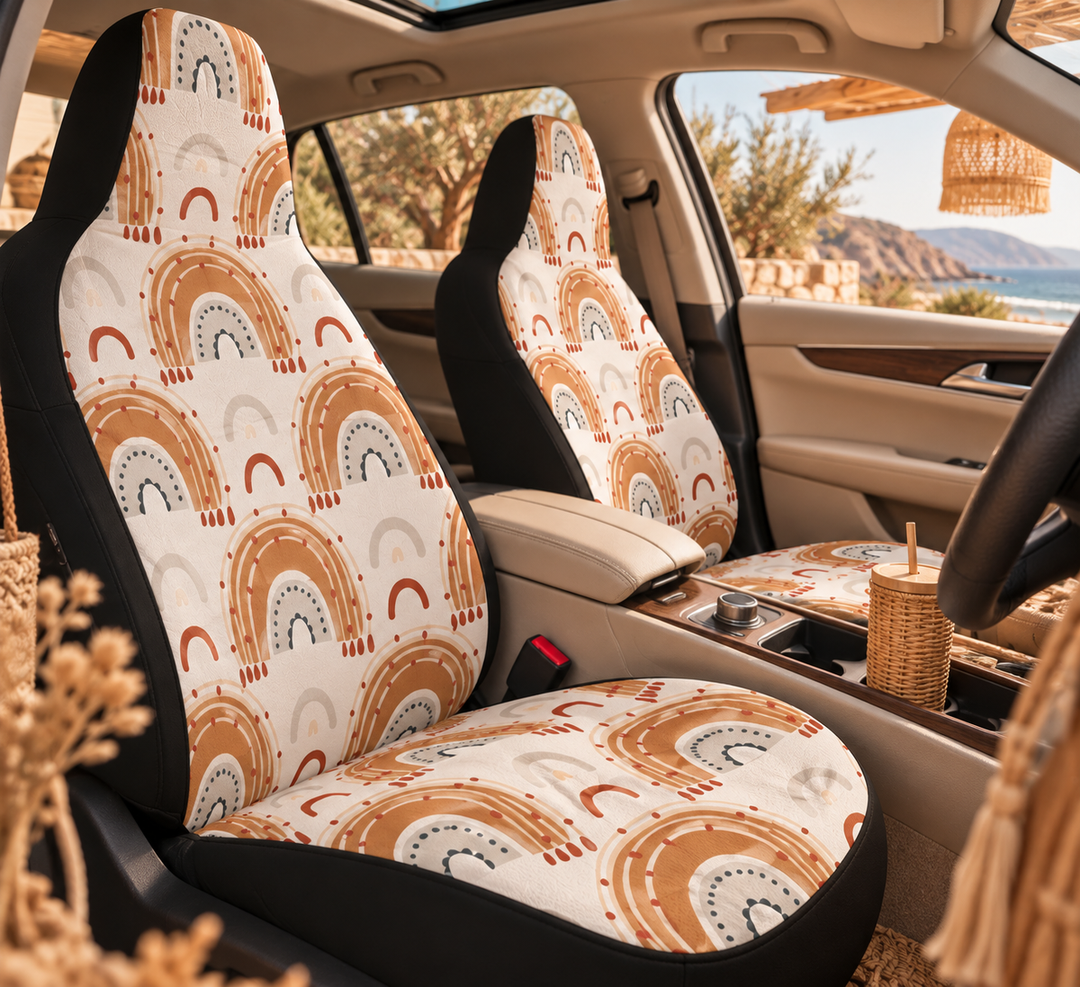 Boho rainbow arch car seat covers shown in a car interior
