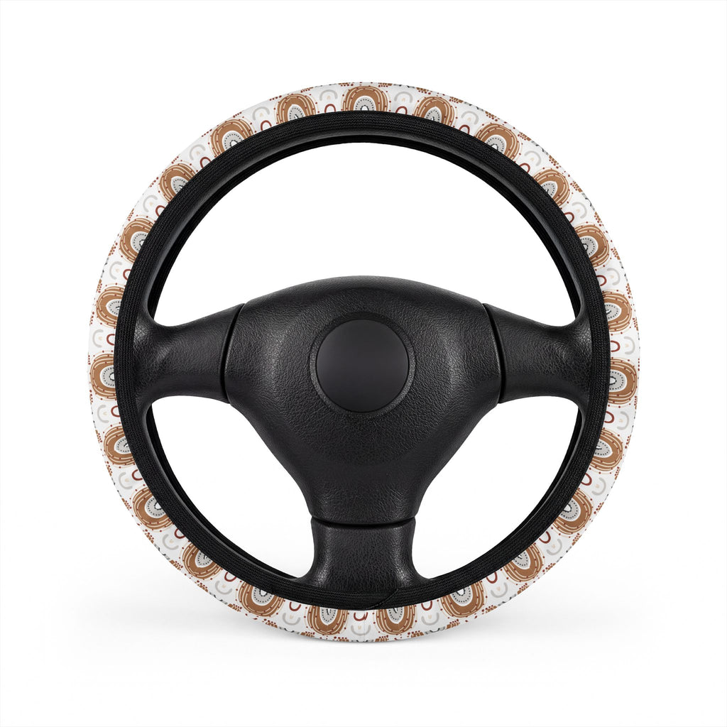 Boho rainbow arch steering wheel cover, on a steering wheel