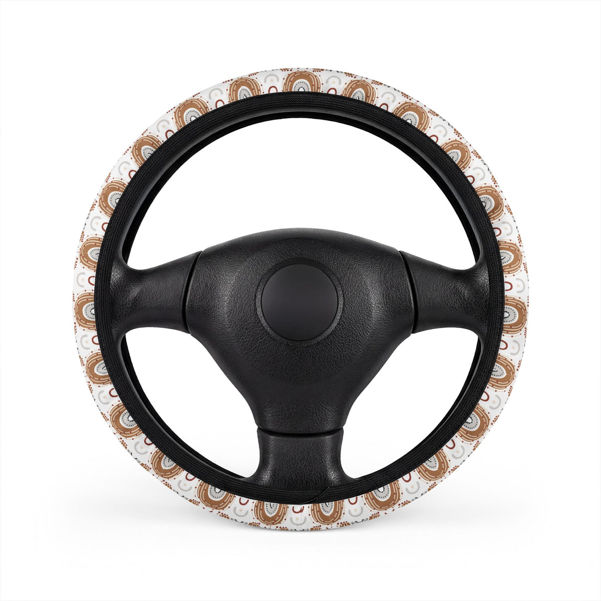 Boho rainbow arch steering wheel cover, on a steering wheel