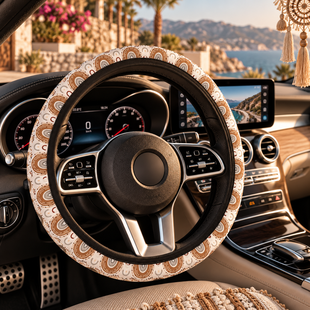 Boho rainbow arch steering wheel cover shown in a car interior