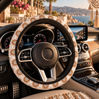 Boho rainbow arch steering wheel cover shown in a car interior