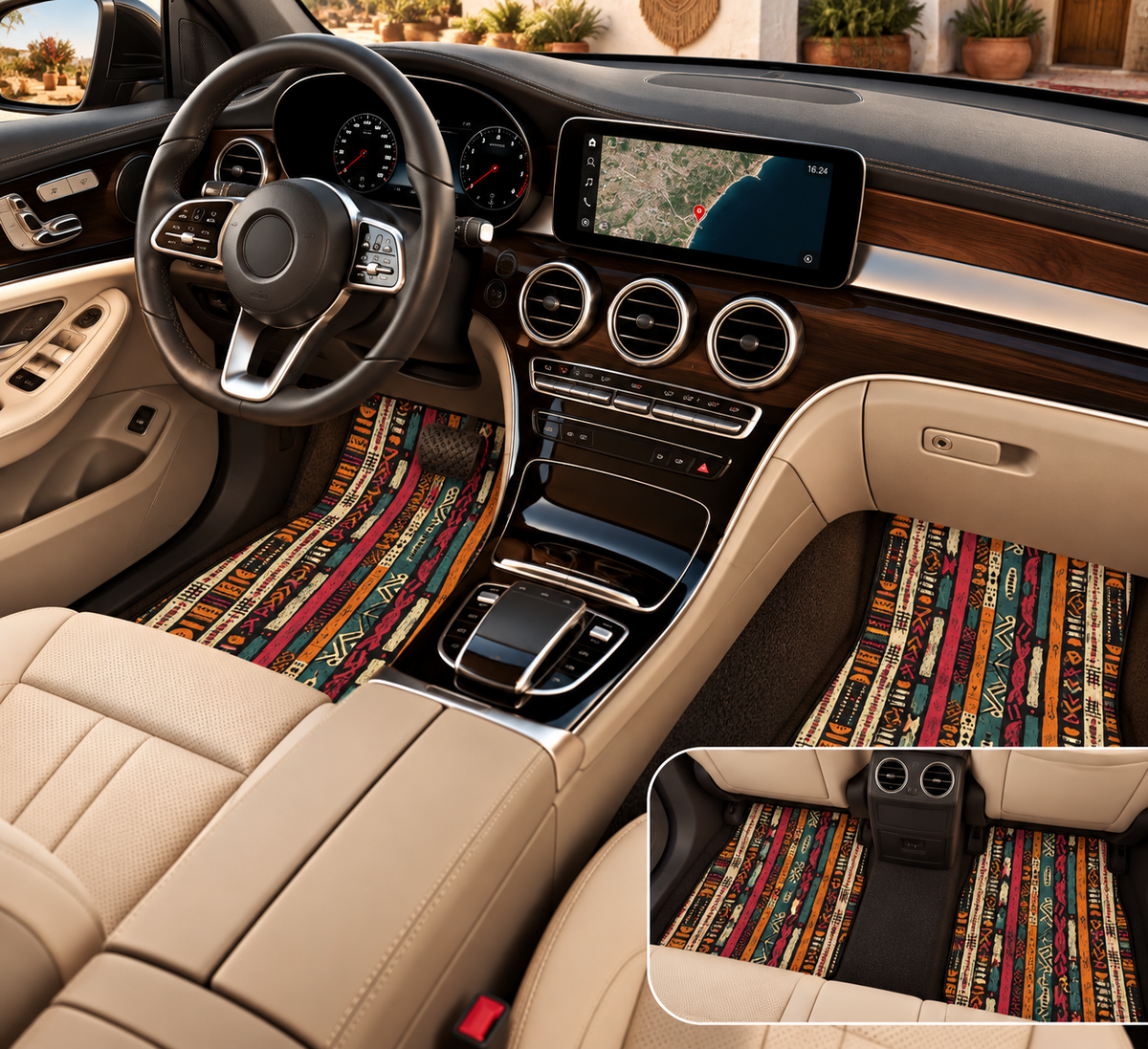 Boho serape stripe car mats shown in a car interior