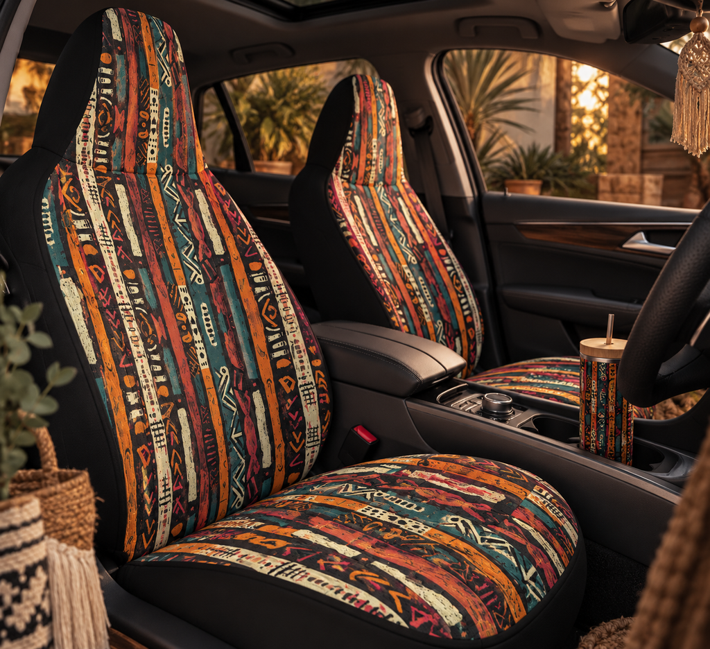 Boho serape stripe car seat covers shown in a car interior