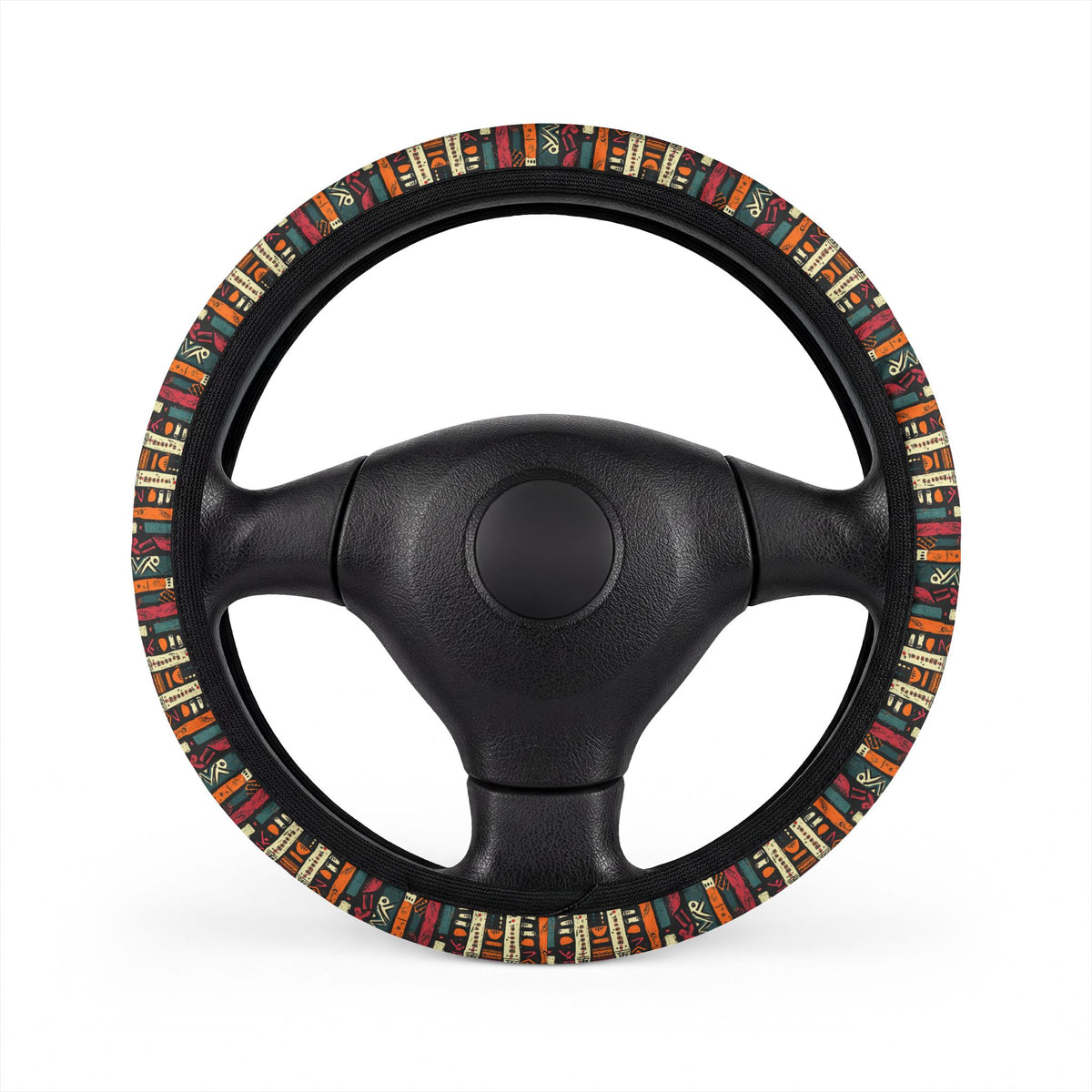 Boho serape stripe steering wheel cover, on a steering wheel