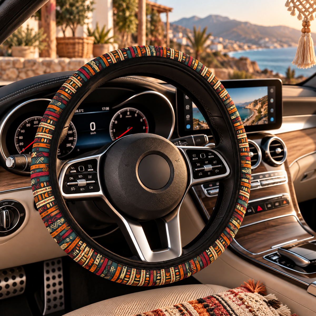 Boho serape stripe steering wheel cover shown in a car interior