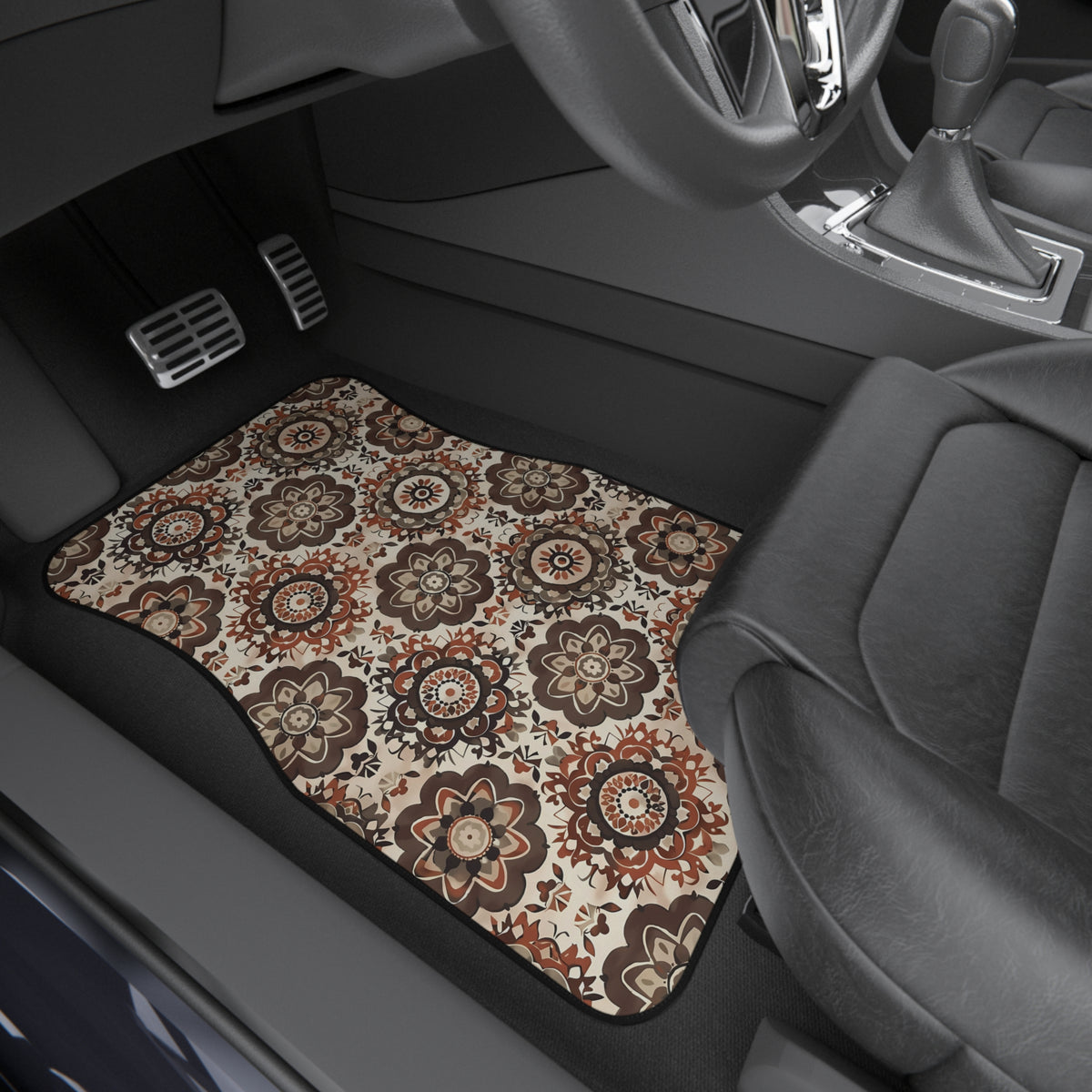 Brown boho mandala car mats shown in a car interior