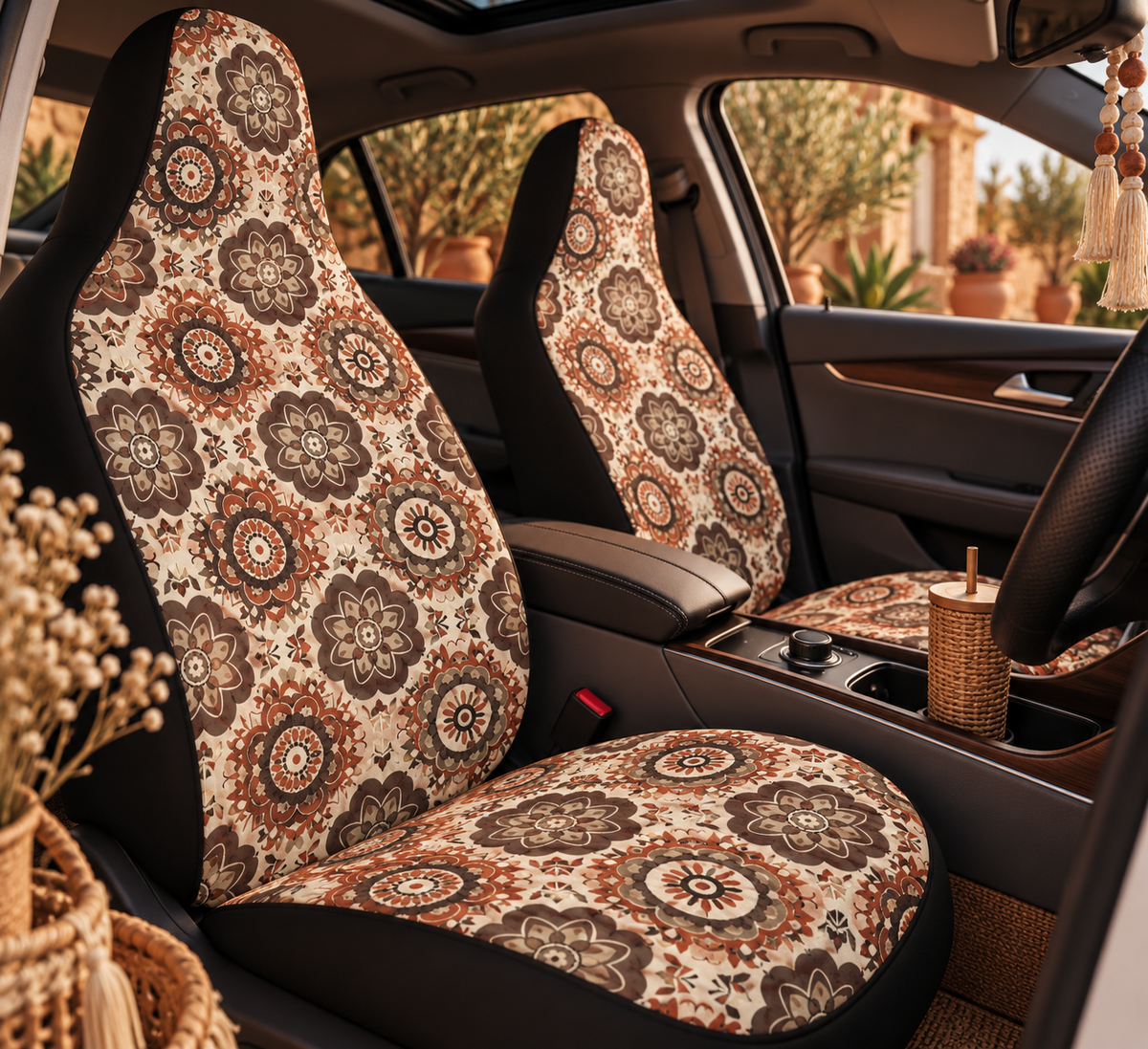 Brown boho mandala car seat covers shown in a car interior