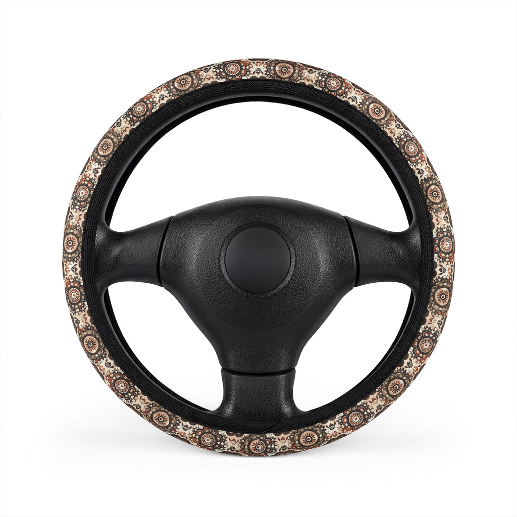 Brown boho mandala steering wheel cover, on a steering wheel