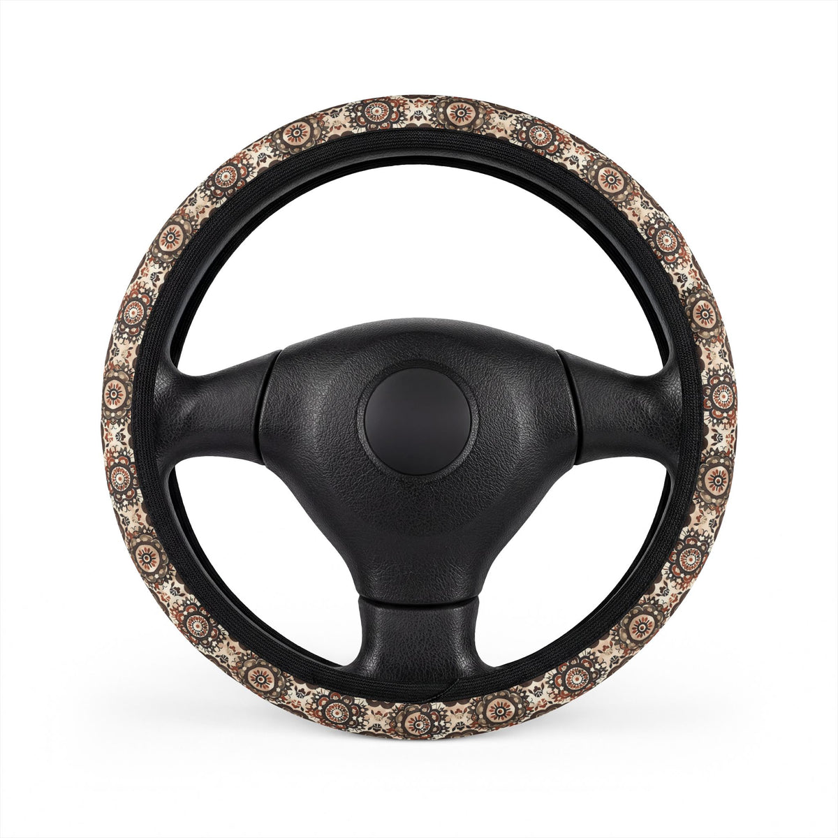 Brown boho mandala steering wheel cover, on a steering wheel