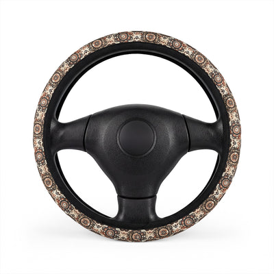 Brown boho mandala steering wheel cover, on a steering wheel