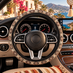 Brown boho mandala steering wheel cover shown in a car interior