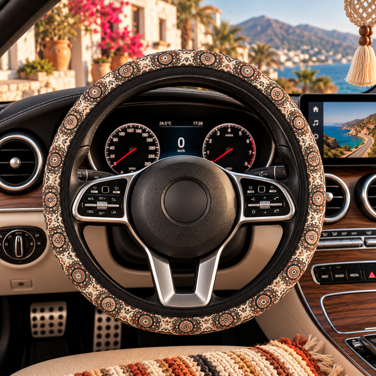 Brown boho mandala steering wheel cover shown in a car interior