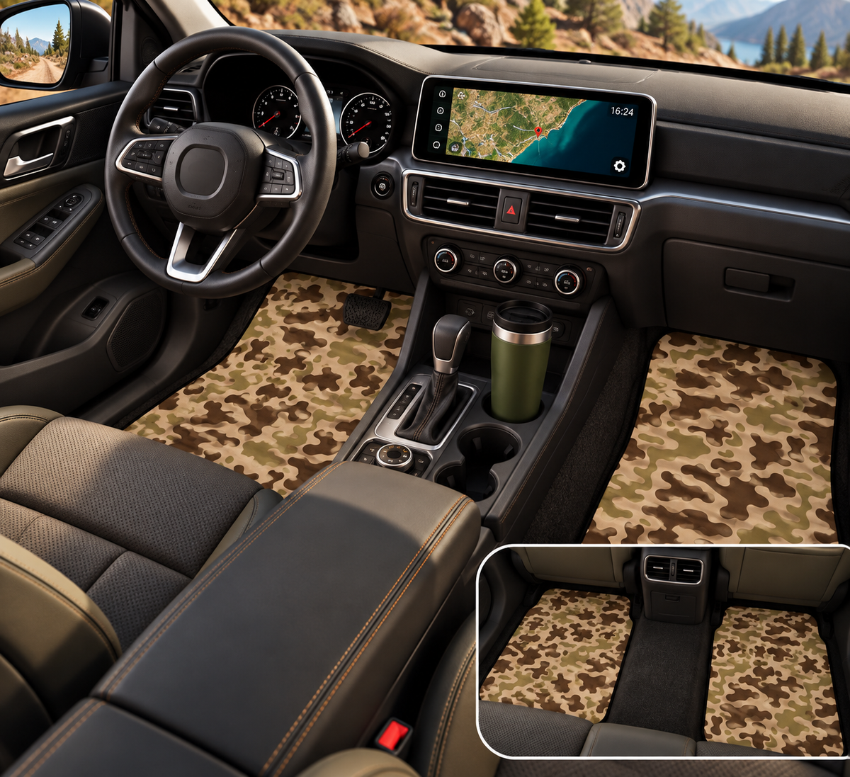 Brown camo car mats shown in a car interior