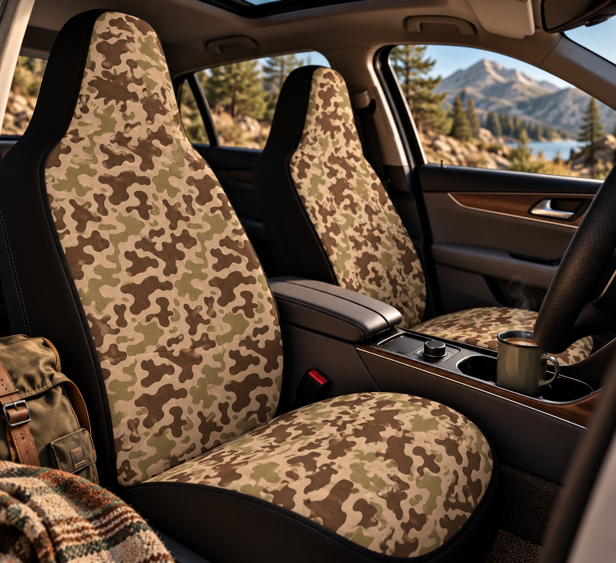 Brown camo car seat covers shown in a car interior