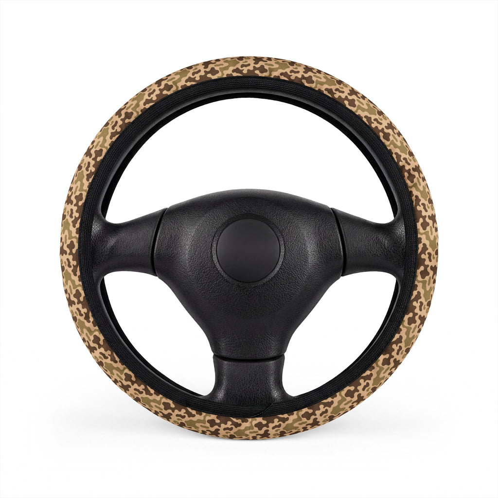 Brown camo steering wheel cover, on a steering wheel