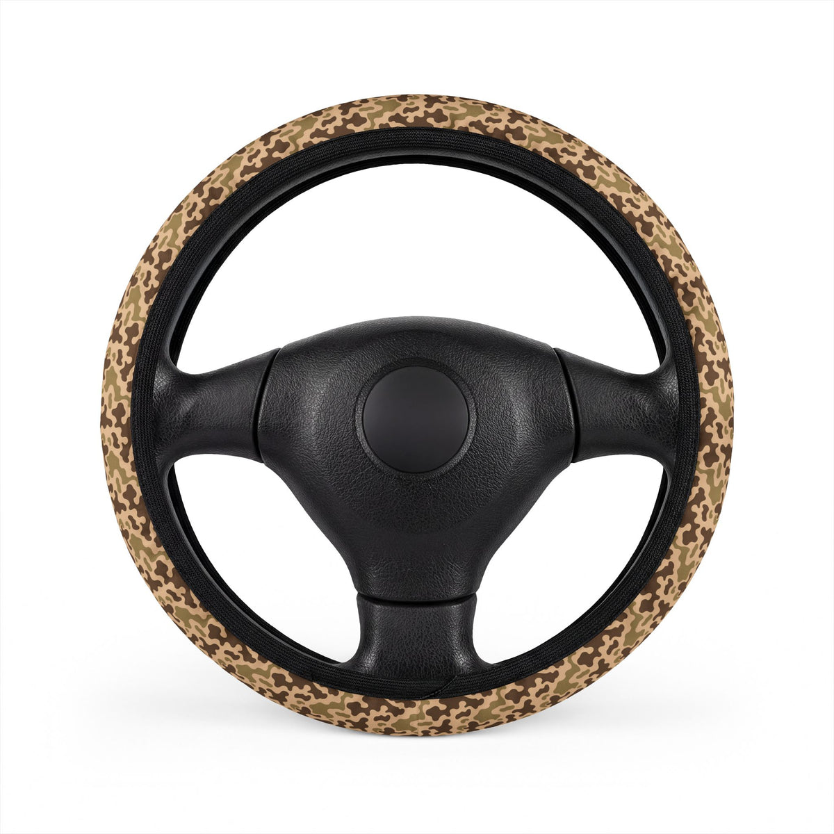 Brown camo steering wheel cover, on a steering wheel
