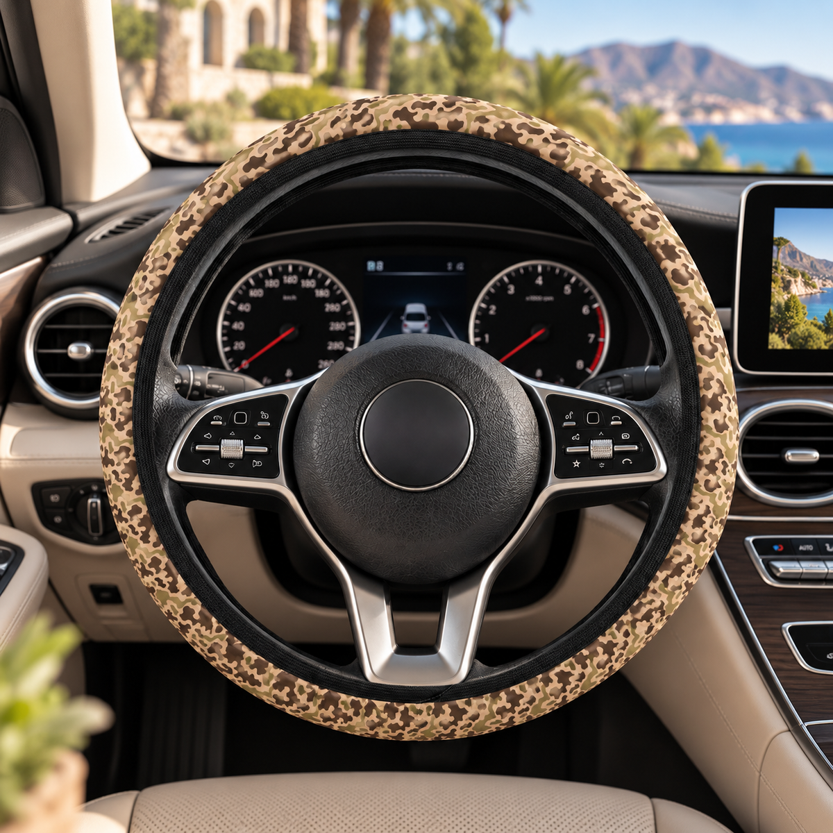 Brown camo steering wheel cover shown in a car interior