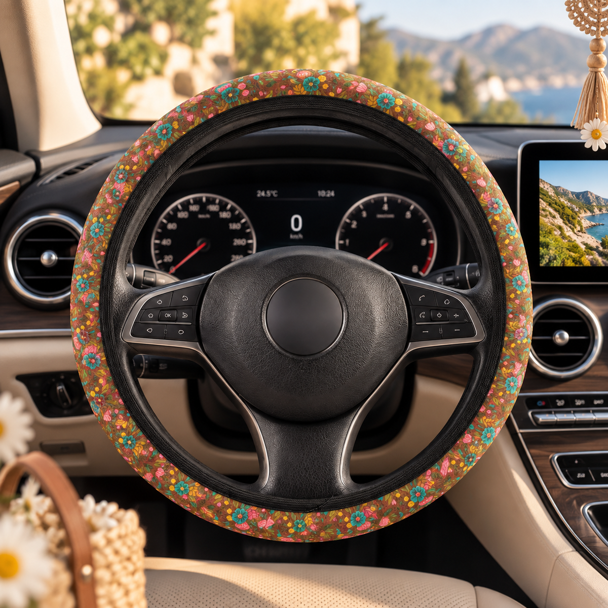 Brown floral steering wheel cover shown in a car interior