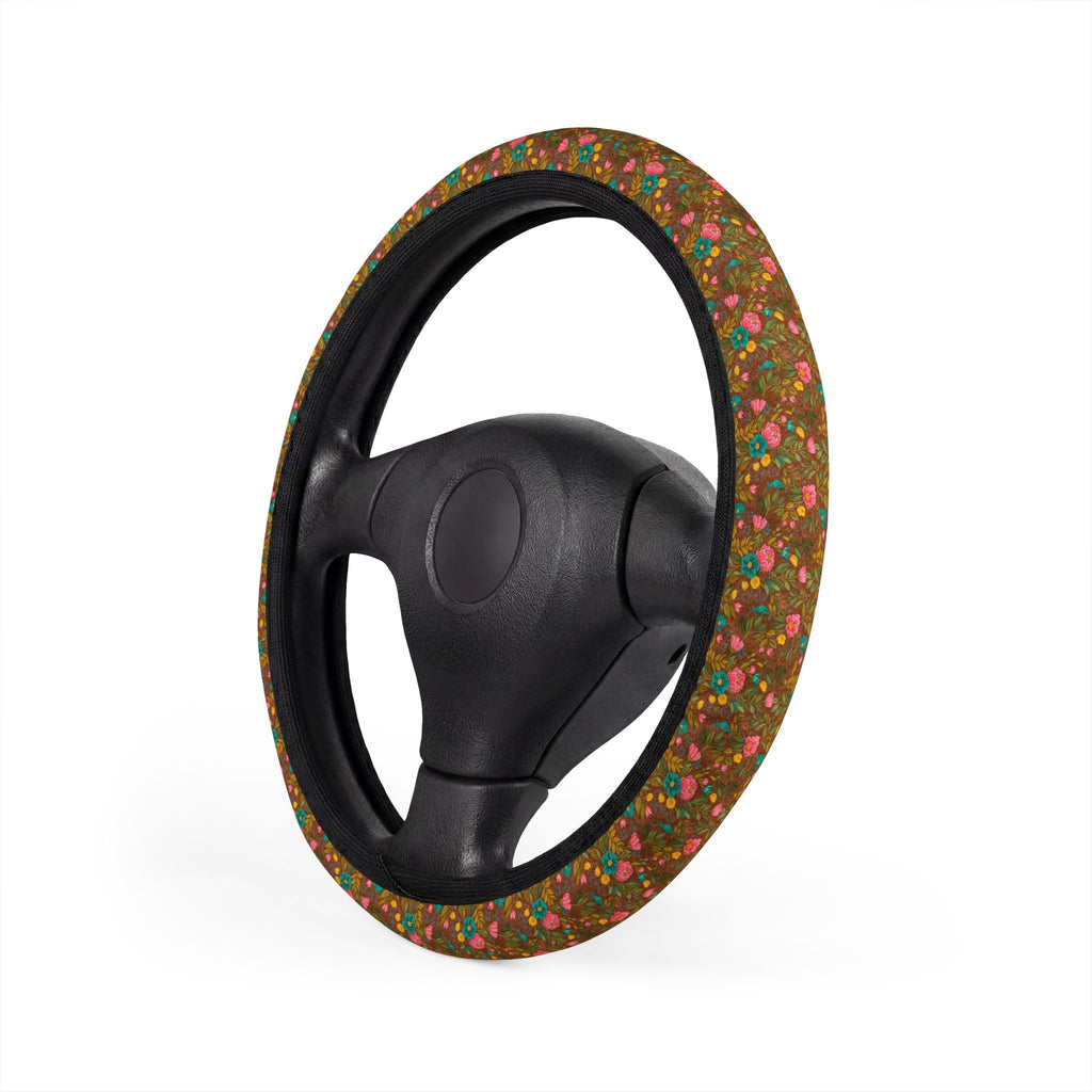 Brown floral steering wheel cover, product view 4
