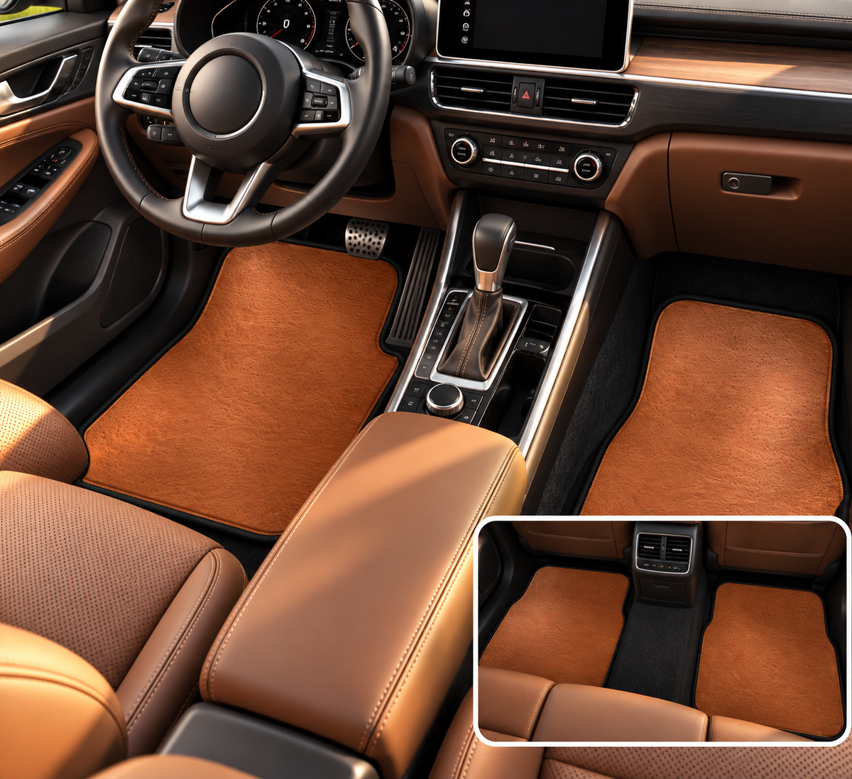 Brown leather look car mats shown in a car interior