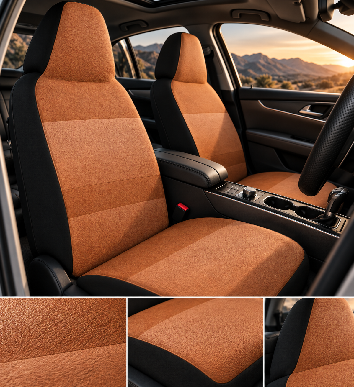 Brown leather look car seat covers shown in a car interior