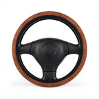 Brown leather look steering wheel cover, on a steering wheel