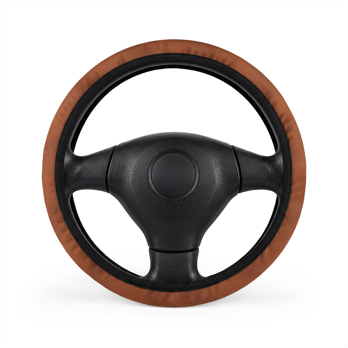 Brown leather look steering wheel cover, on a steering wheel