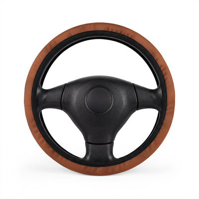 Brown leather look steering wheel cover, on a steering wheel