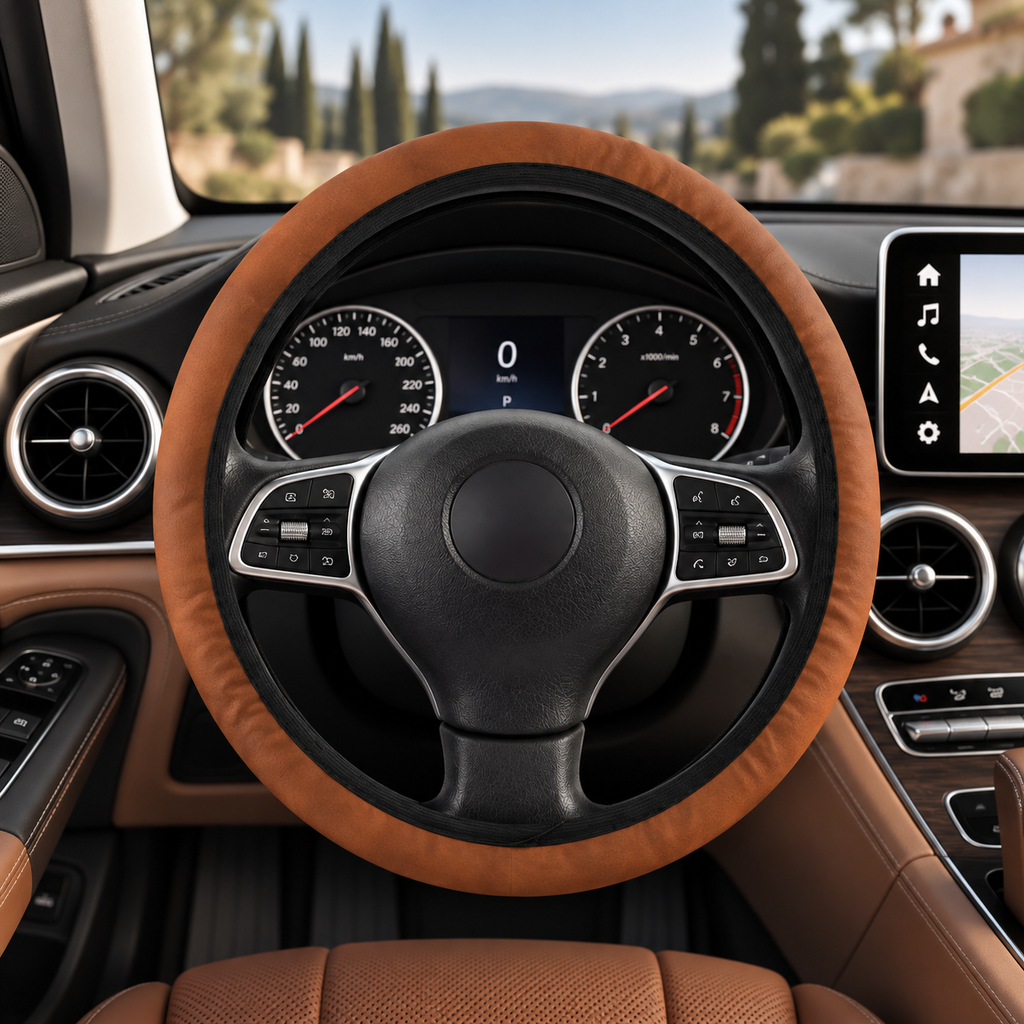 Brown leather look steering wheel cover shown in a car interior