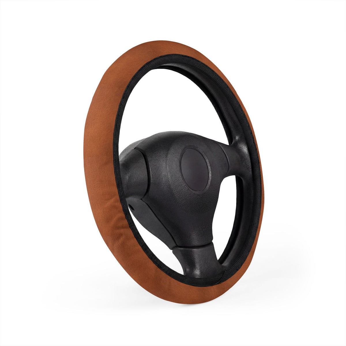 Brown leather look steering wheel cover, product view 3