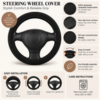 Brown leather look steering wheel cover overview with features, installation steps and care instructions