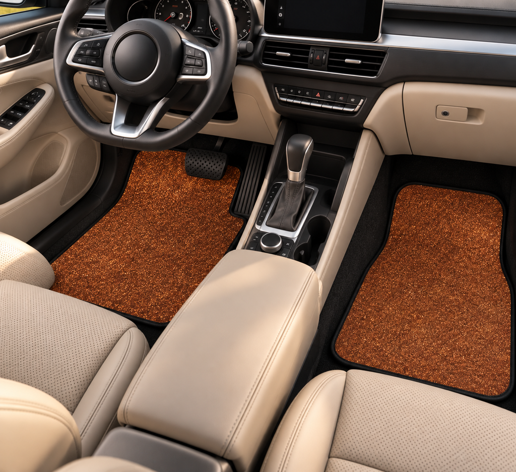 Brown rainbow glitter car mats shown in a car interior