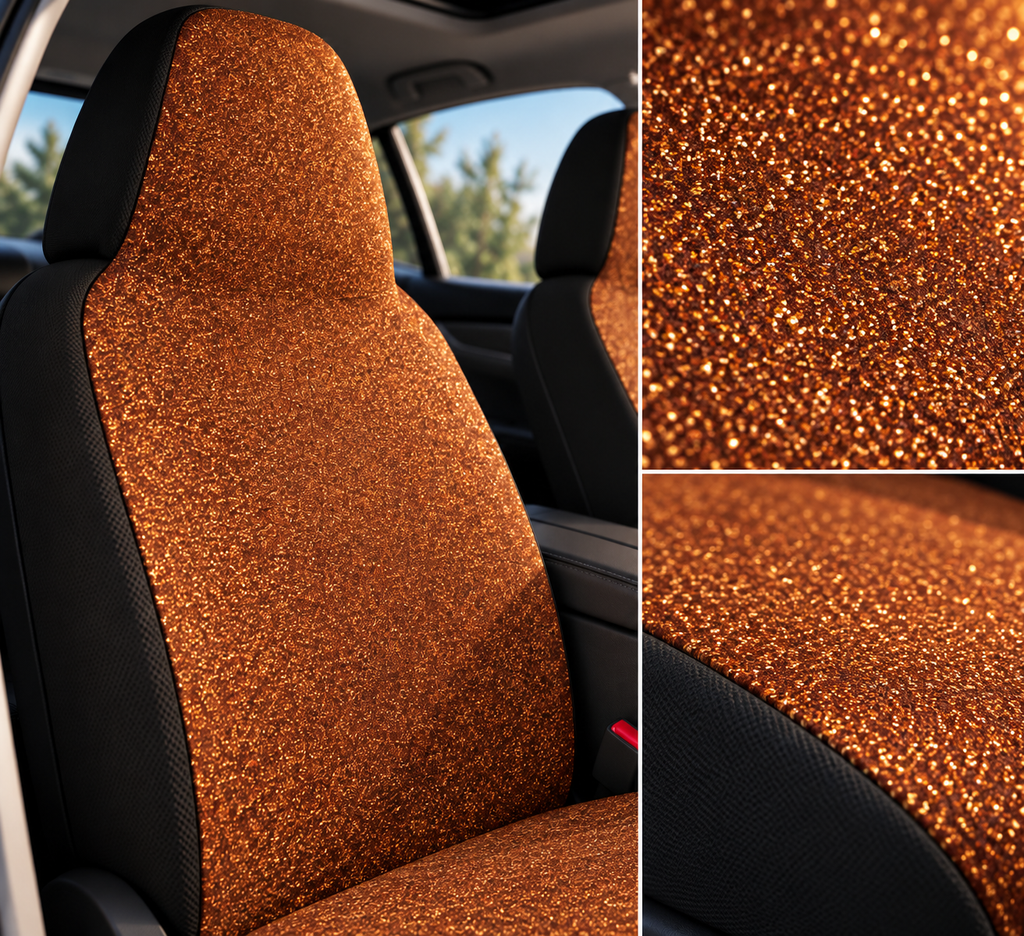 Brown rainbow glitter car seat covers shown in a car interior