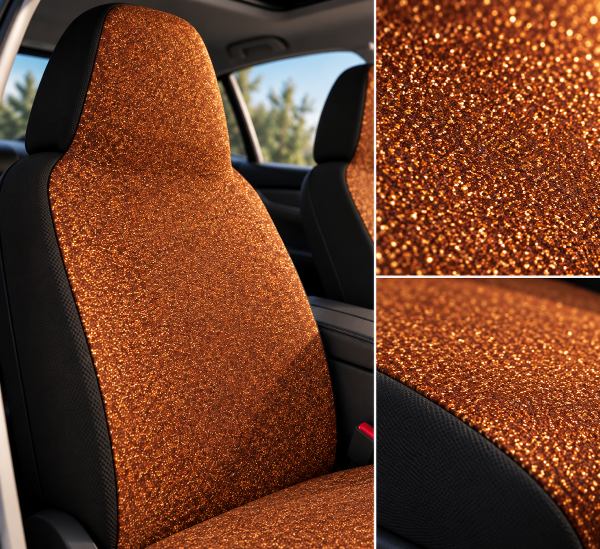 Brown rainbow glitter car seat covers shown in a car interior