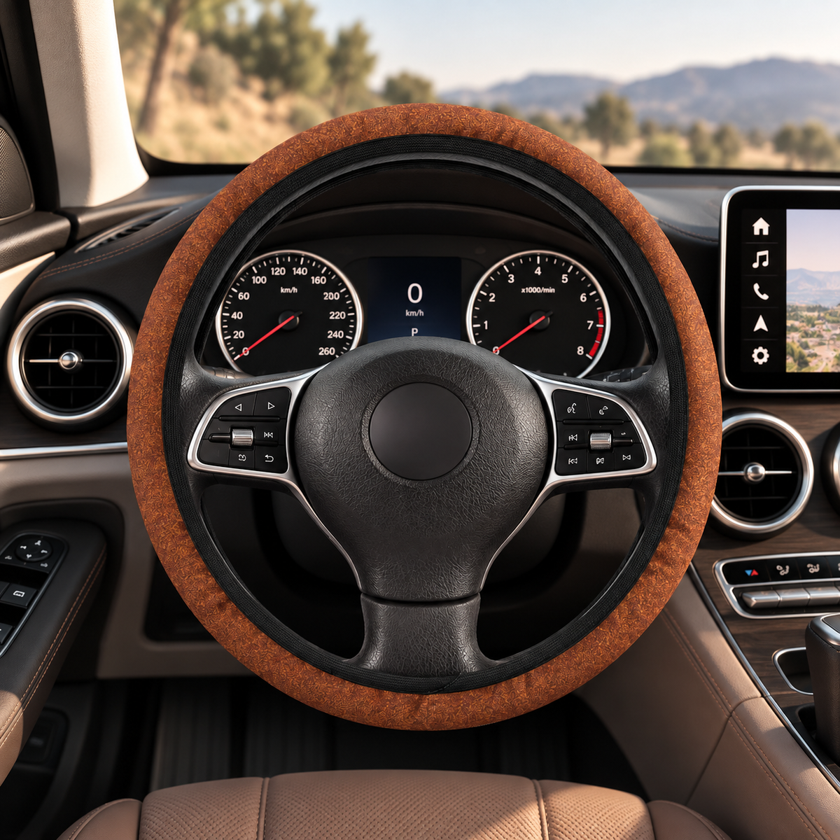 Brown rainbow glitter steering wheel cover shown in a car interior