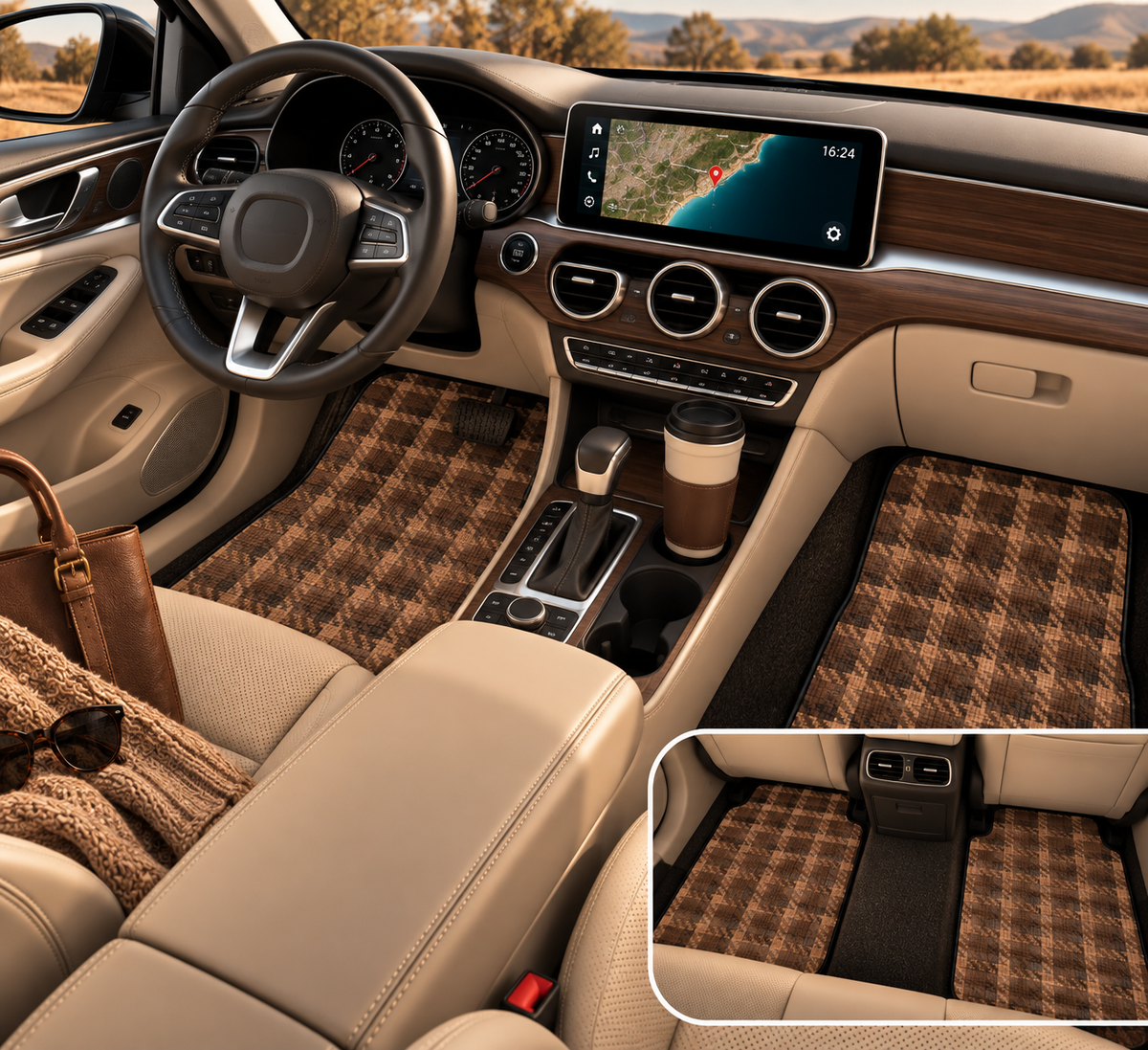 Brown tartan plaid car mats shown in a car interior