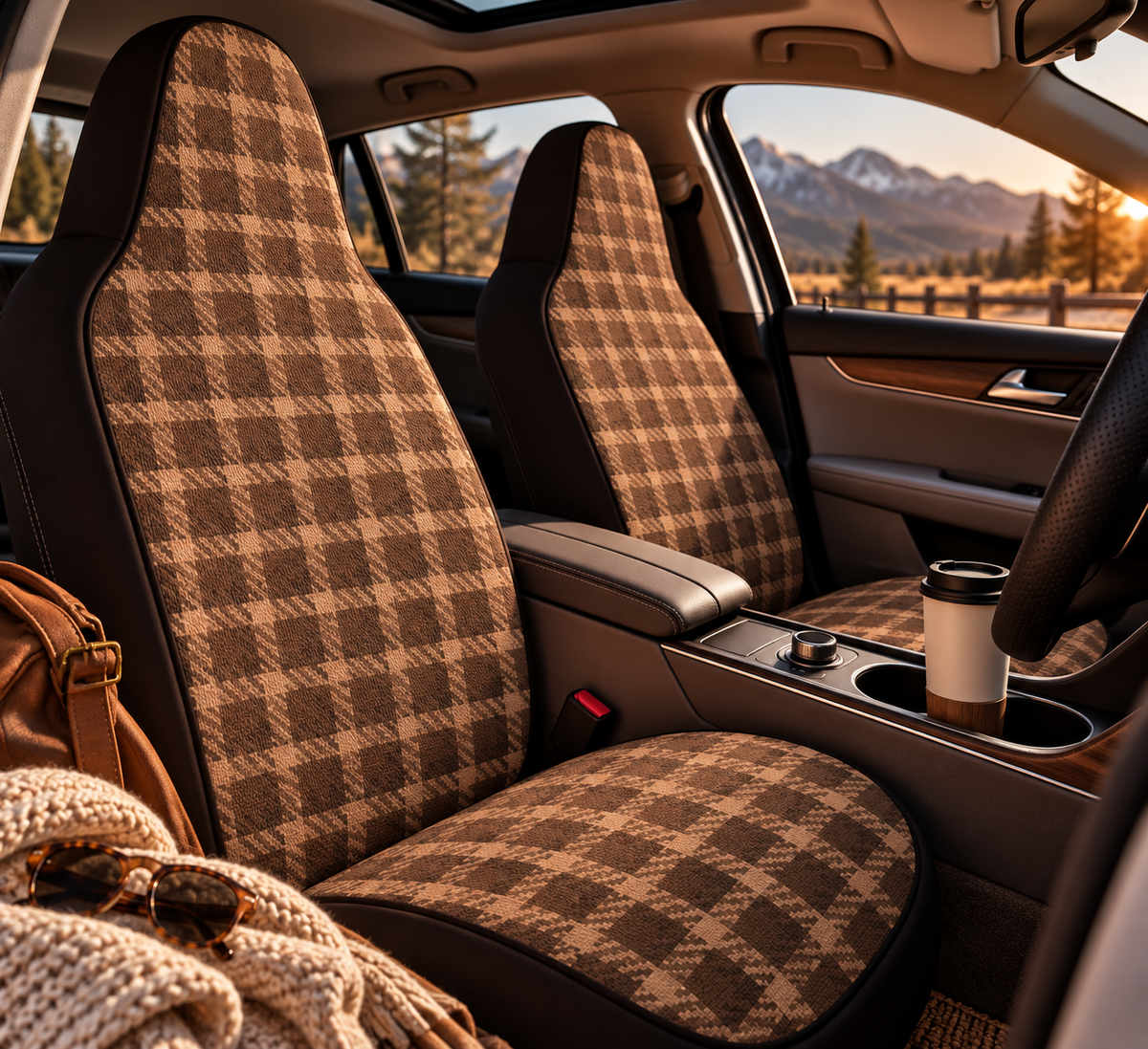 Brown tartan plaid car seat covers shown in a car interior