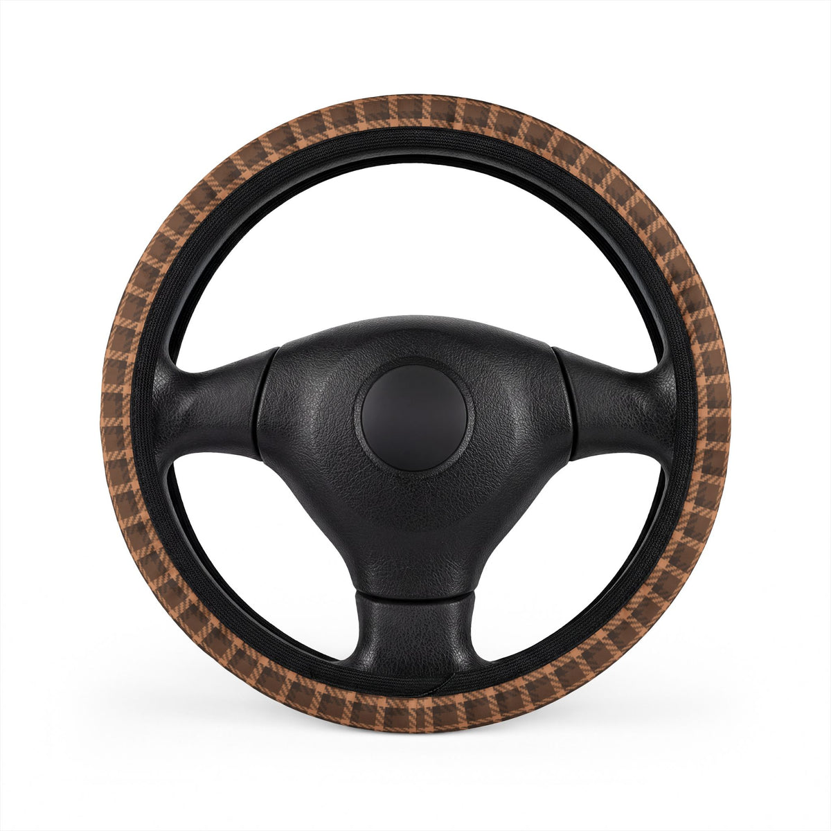 Brown tartan plaid steering wheel cover, on a steering wheel