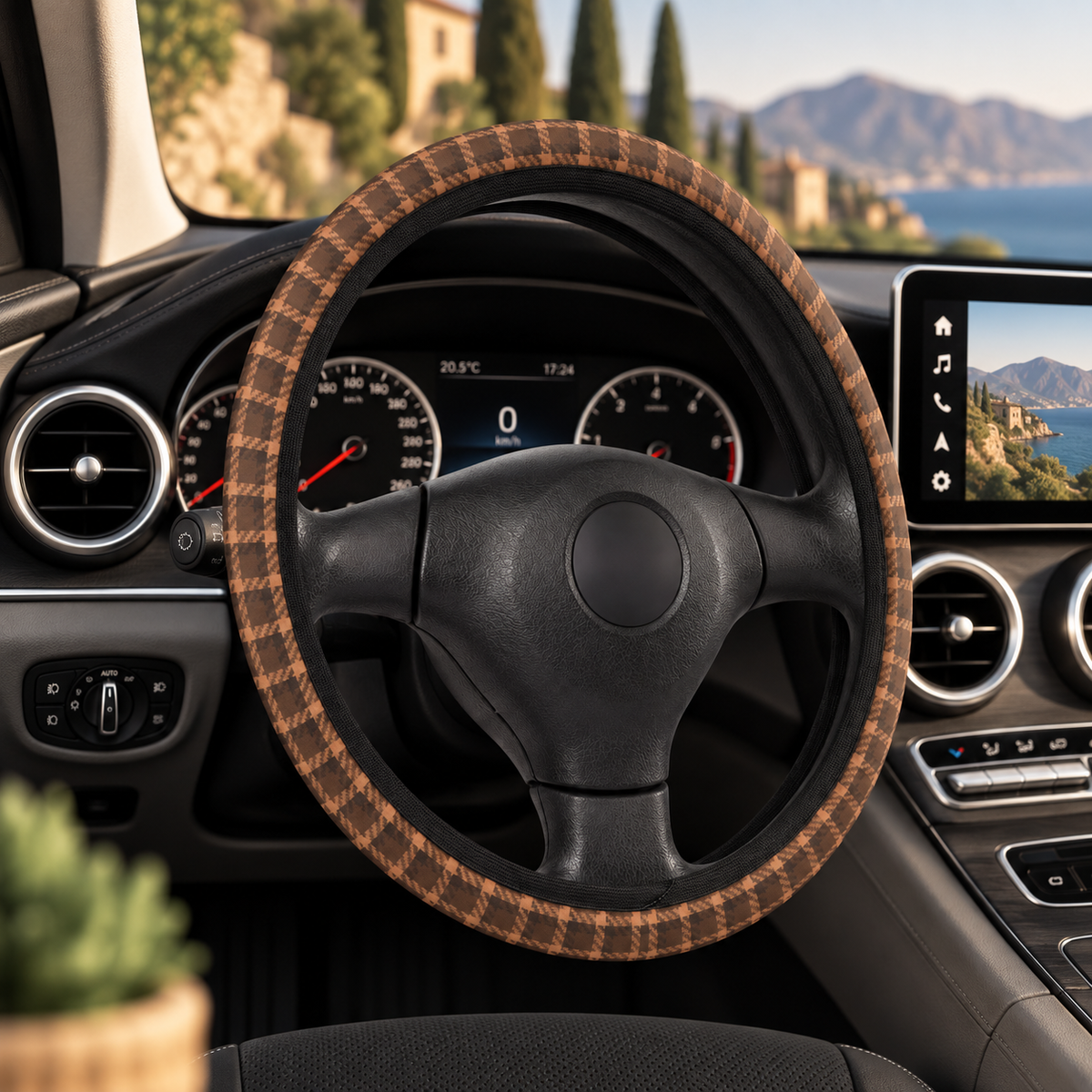 Brown tartan plaid steering wheel cover shown in a car interior