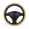 Colorful Rainbow steering wheel cover, on a steering wheel