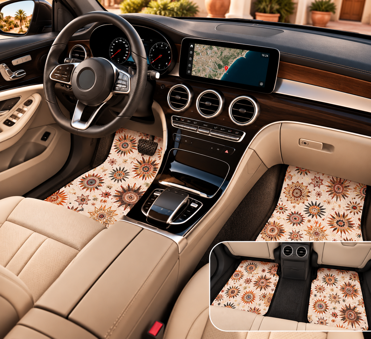 Cream boho floral car mats shown in a car interior
