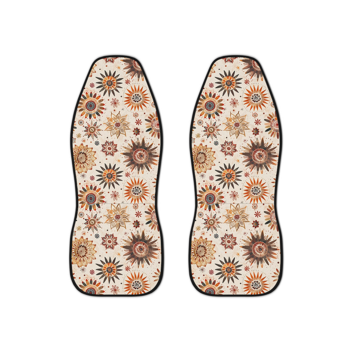 Cream boho floral car seat covers, set of two shown side by side
