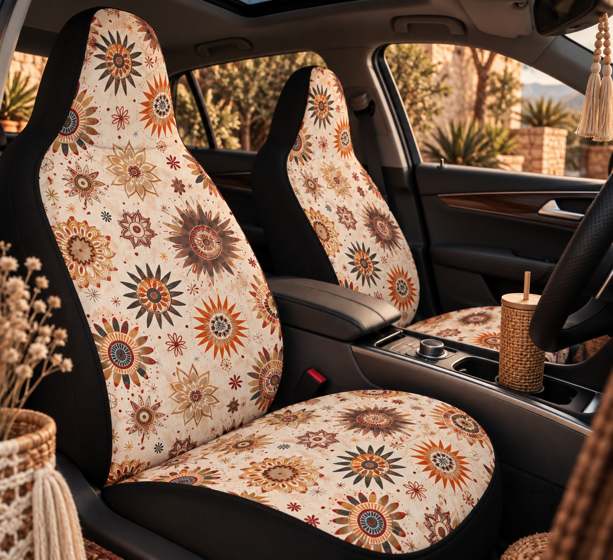 Cream boho floral car seat covers shown in a car interior
