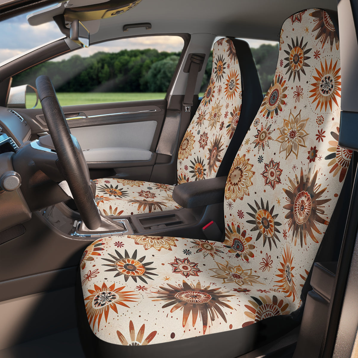 Cream boho floral car seat covers, fitted on the front seats of a car