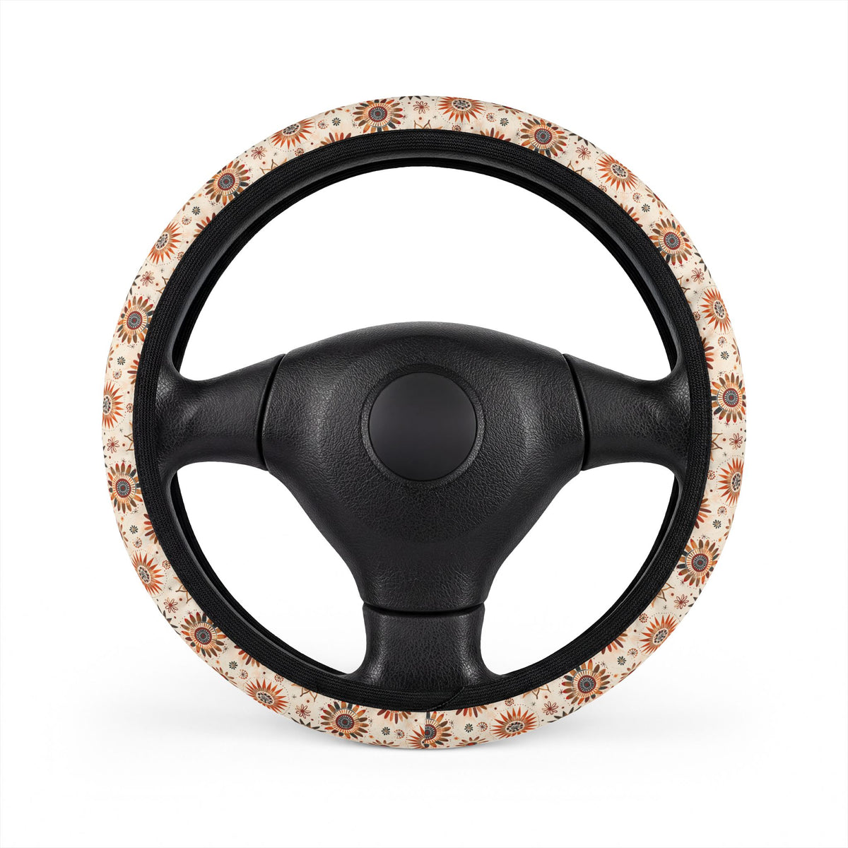 Cream boho floral steering wheel cover, front view