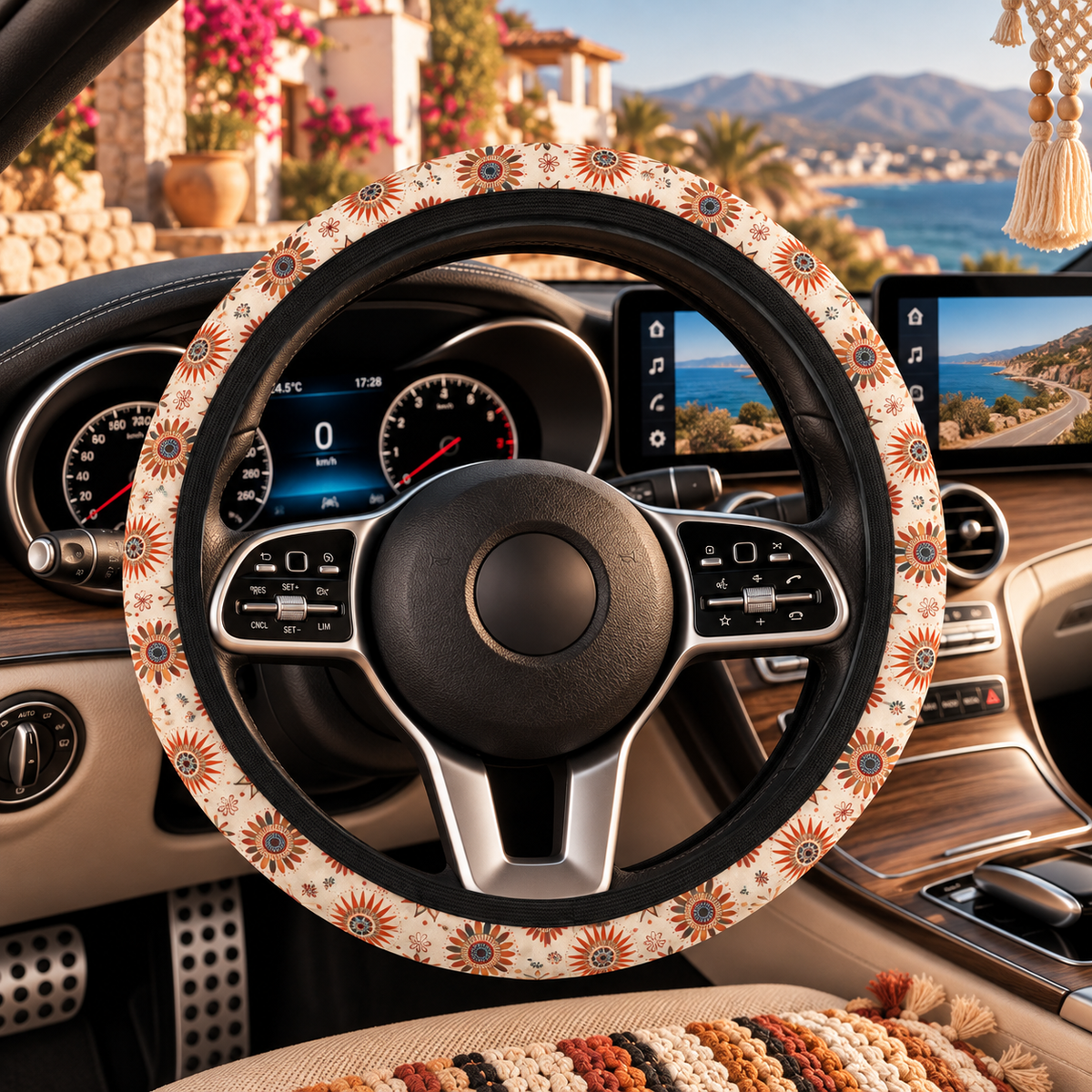 Cream boho floral steering wheel cover shown in a car interior